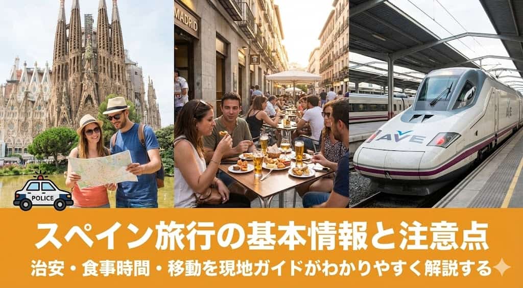 スペイン旅行初心者向け｜治安・食事・移動の注意点が一目でわかるガイド記事のアイキャッチ画像