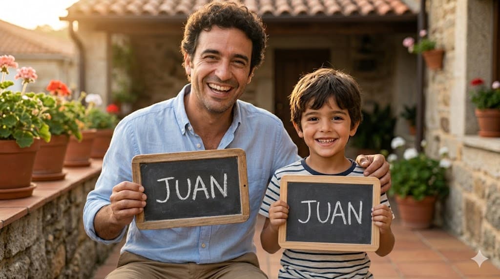 スペインの石造りの家の前で、父親と息子がそれぞれ「JUAN」と書かれた黒板を持って笑っている写真