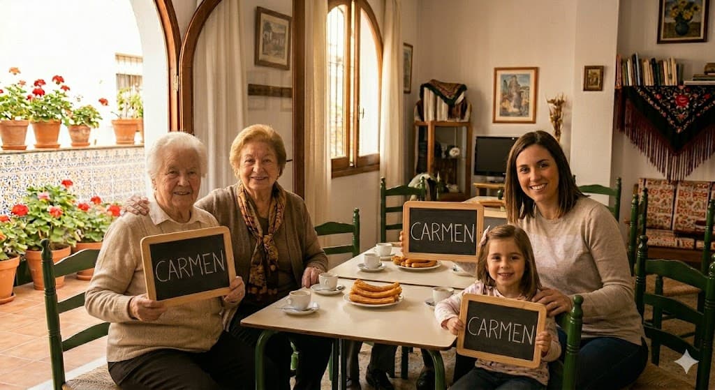 スペインの家庭で、祖母・母・娘の3世代がそれぞれ「CARMEN」と書かれた黒板を持ってテーブルを囲んでいる写真