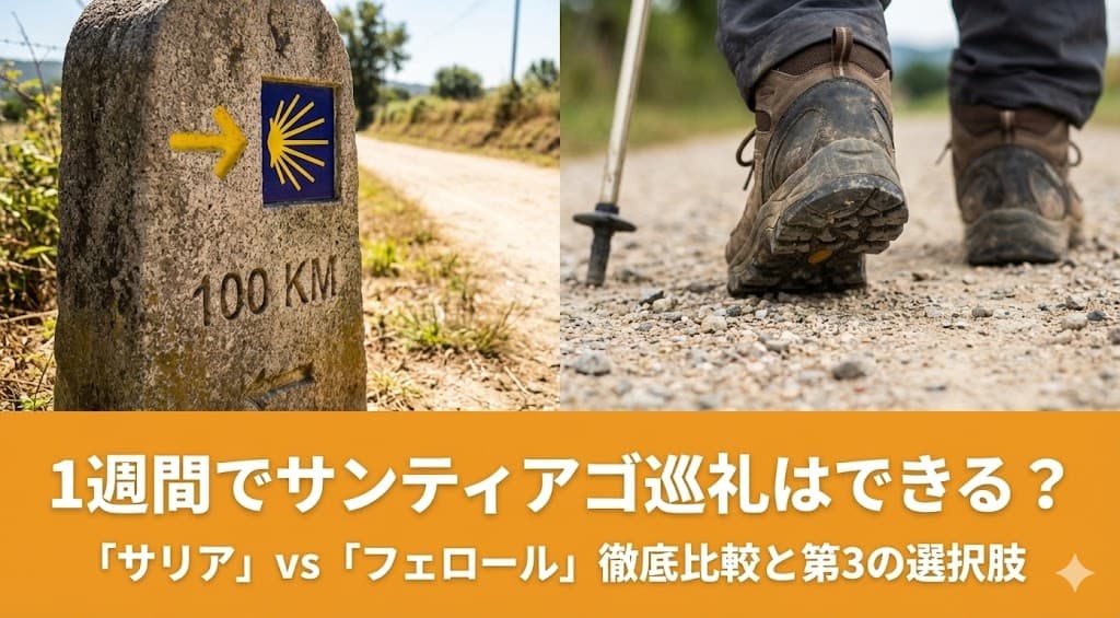 サリア近くの「100km」のモホン（標識）と、巡礼者の足元の写真。