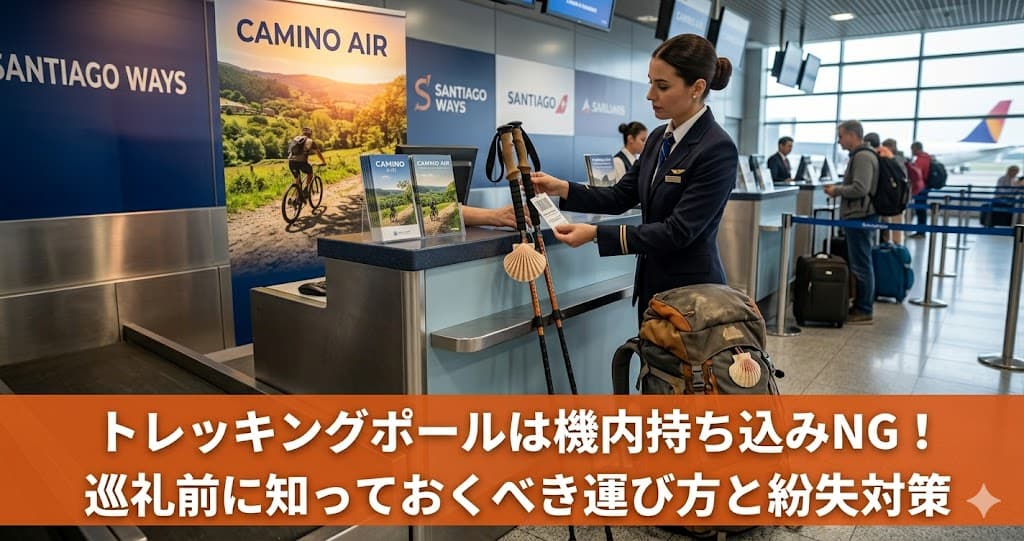 サンティアゴ巡礼で使うトレッキングポールと巡礼者のバックパック。機内持ち込み禁止のルールと紛失対策ガイド。