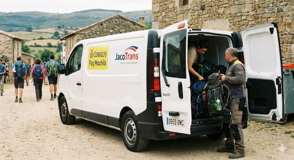 サンティアゴ巡礼路内の荷物移送サービスの車、ザックを運ぶ人の姿