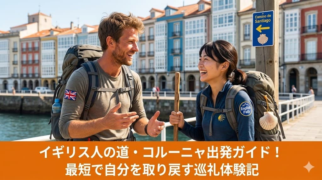 サンティアゴ巡礼・イギリス人の道の出発地、ア・コルーニャの海沿いにある巡礼路の標識（黄色い矢印）と楽しそうにしている巡礼者の姿