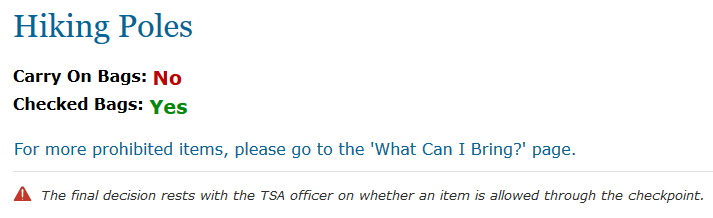 TSAのトレッキングポールに関する記述画面