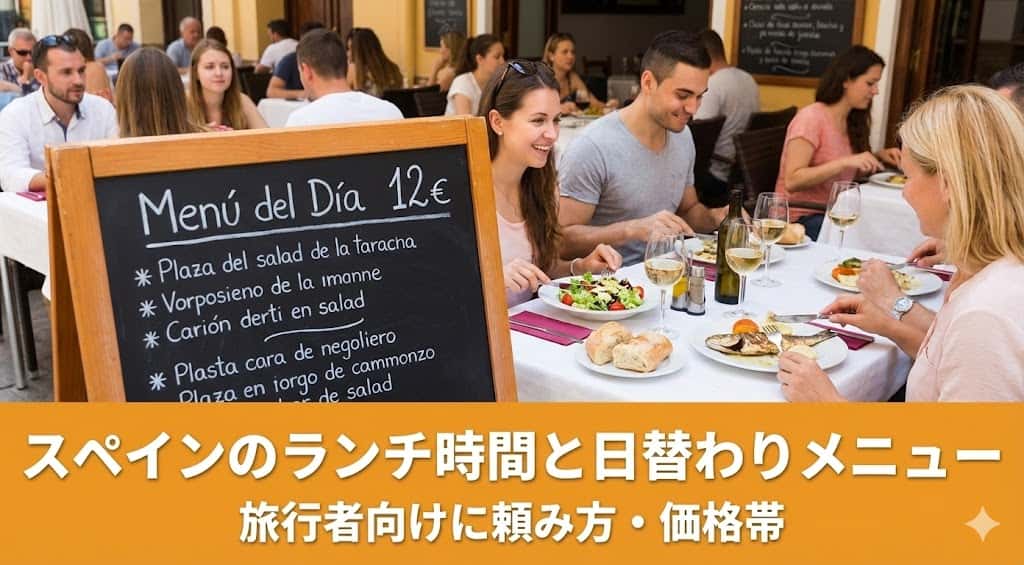 スペインのレストランで日替わりメニューを楽しむ観光客