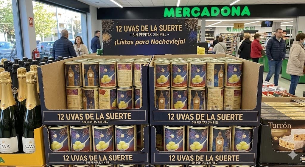 スペインのスーパーで買える年越し用の12粒入りブドウの缶詰（種なし・皮なしで食べやすい）画像