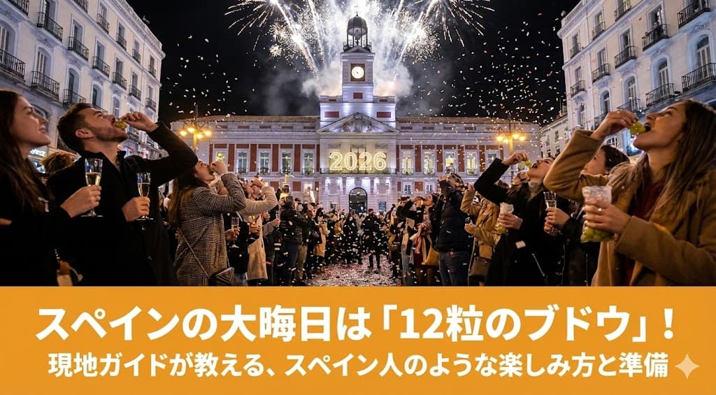 2026年スペインの年越し｜幸運を呼ぶ12粒のブドウとカバ（スパークリングワイン）でカウントダウンの様子