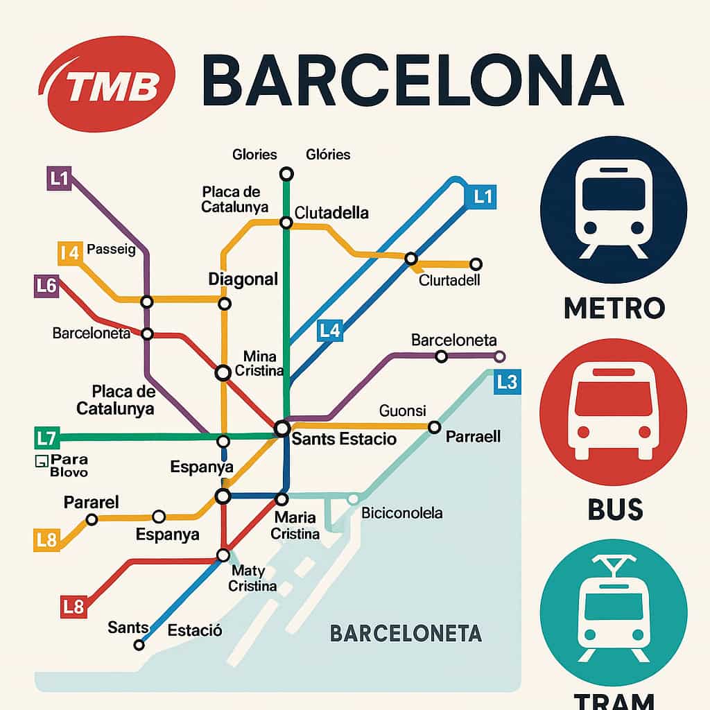 バルセロナ市の公共交通システムを示す図。地下鉄・バス・トラムのアイコンと簡易路線図が描かれ、TMBのネットワークが一目で分かる説明用イラスト。
