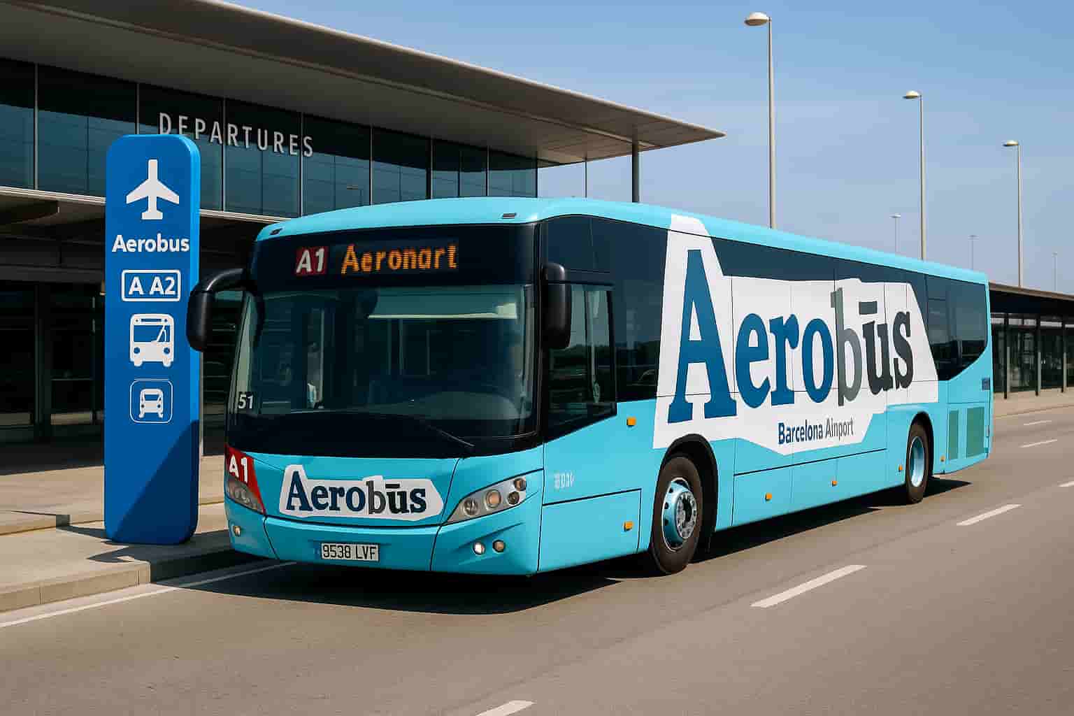 Barcelona Aerobus A1 shuttle parked at the airport departures area with clear signage and the blue official Aerobus stop pole.
