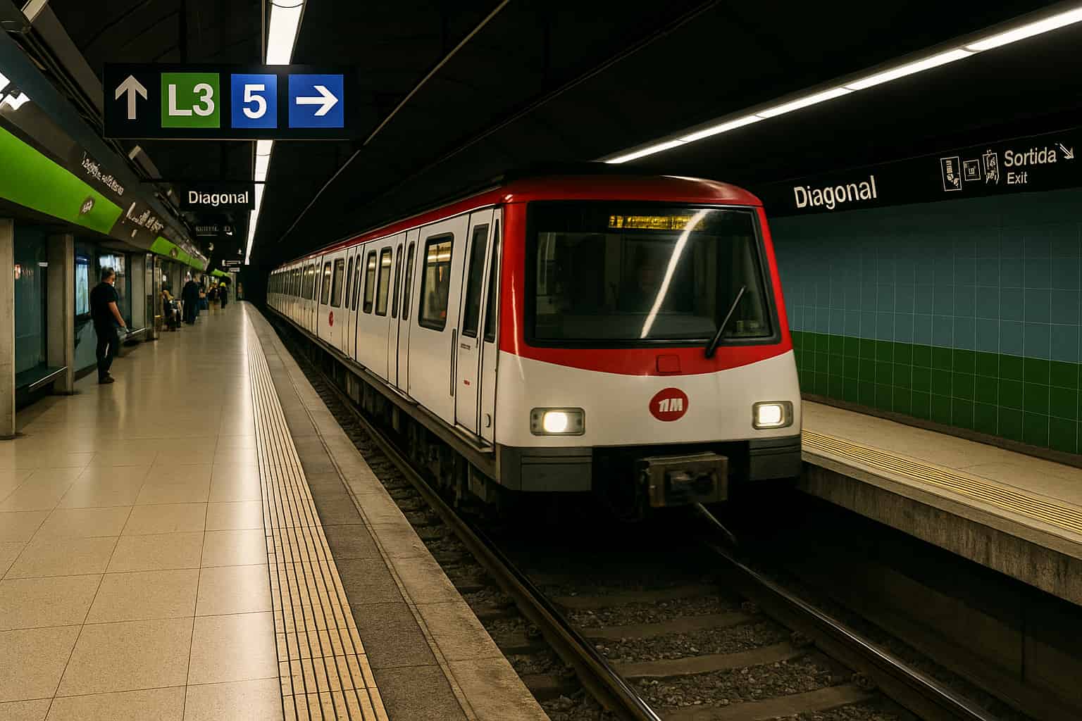 Barcelona Metro platform with an arriving train and clear bilingual station signs showing directions and line information.