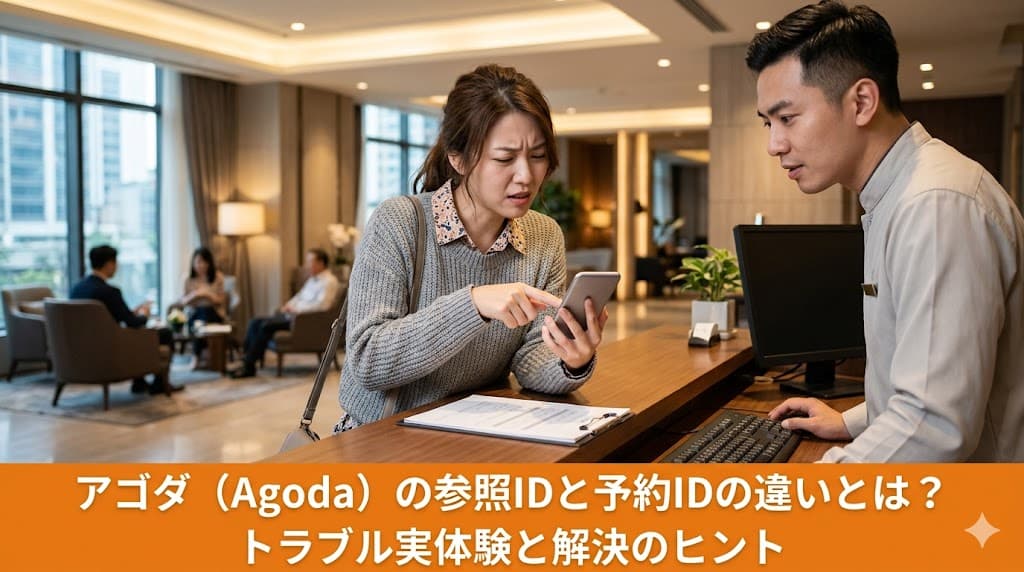 ホテルのフロントでスマートフォンの予約確認書を見せながらチェックインのトラブルを解決しようとする女性と対応するスタッフ