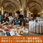 2026年最新のスペイン・パラドール巡礼者割引（Tarifa Peregrino）予約方法を解説するアイキャッチ画像。パラドールで朝食楽しんでる日本人巡礼者の姿