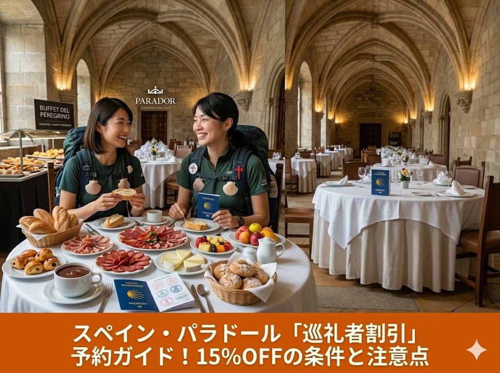 2026年最新のスペイン・パラドール巡礼者割引（Tarifa Peregrino）予約方法を解説するアイキャッチ画像。パラドールで朝食楽しんでる日本人巡礼者の姿