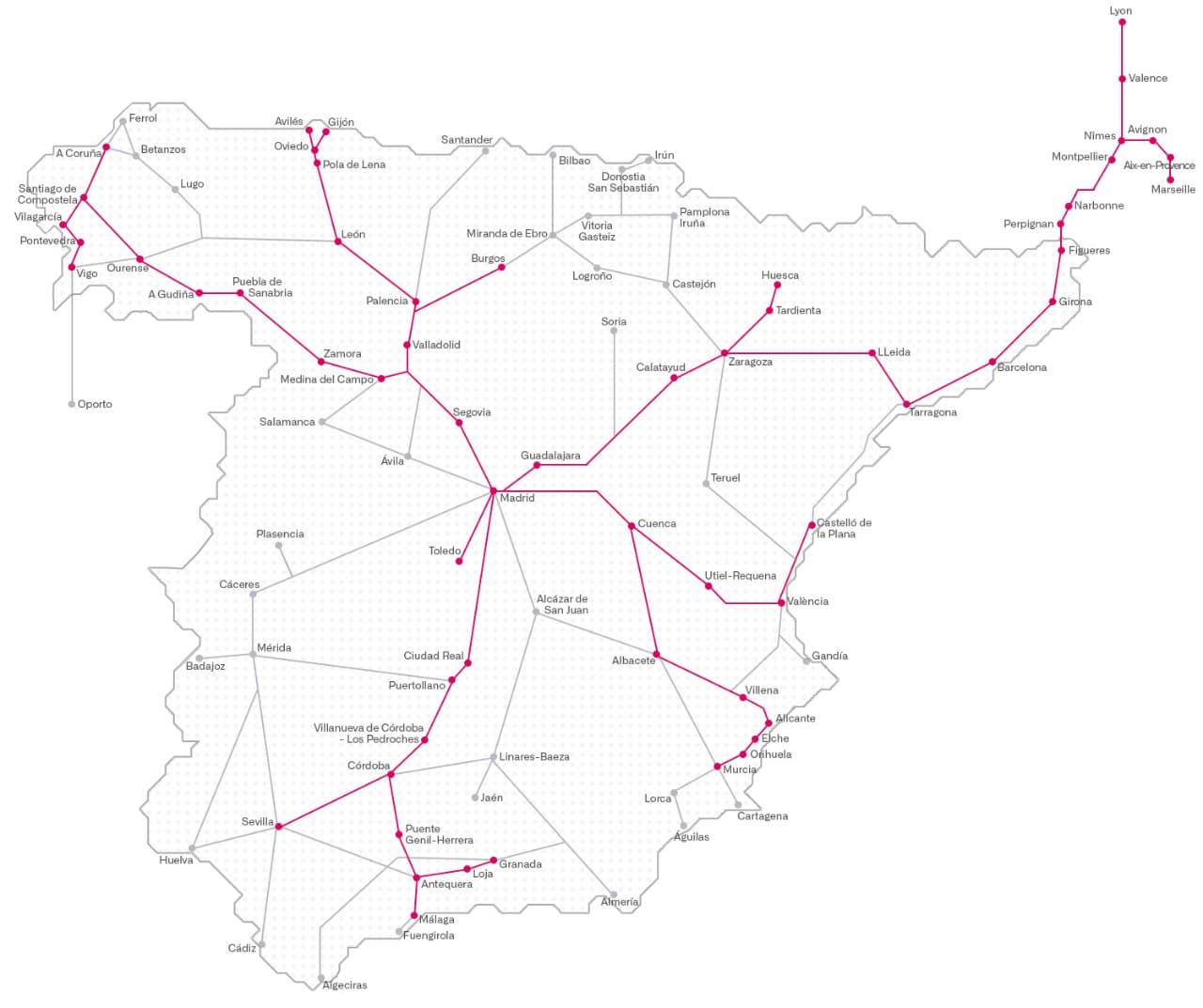 スペイン高速鉄道AVE路線図|マドリードを起点とした主要区間