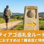 ホタテ貝の標識と黄色い矢印、または青空の下を歩く巡礼者の後ろ姿