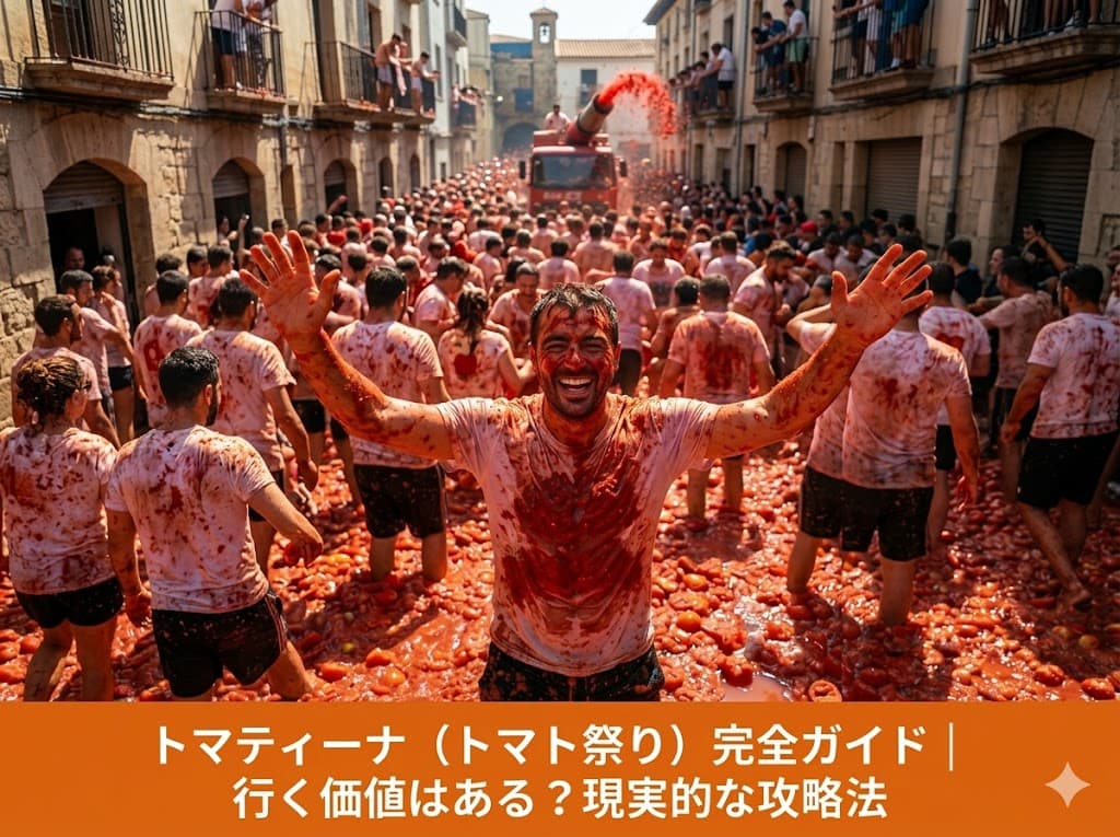 【2026年最新】トマティーナ（トマト祭り）完全ガイドのアイキャッチ画像。真っ赤に染まったブニョールの街と、ゴーグルを着用してカオスを楽しむ参加者の様子。