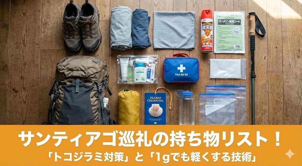 巡礼者のバックパックの中身を広げた写真（「置き画」スタイル）