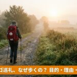 カミーノの道を一人で歩く巡礼者の後ろ姿。スペイン・ガリシアの緑の道に黄色い矢印が続く