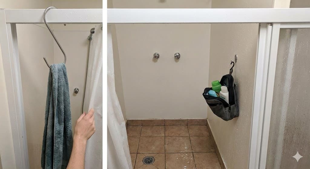 「S字フック」**がシャワー室で活躍している様子