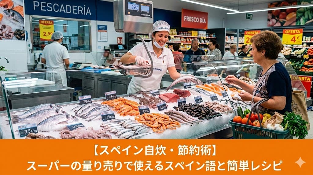 スペインのスーパーの量り売りカウンターと新鮮な食材。スペイン生活や留学中の自炊・節約術のイメージ画像。