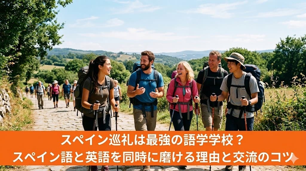 サンティアゴ巡礼路で多国籍の巡礼者たちが笑顔で交流しながら歩いている様子。スペイン語と英語を同時に学ぶ語学体験のイメージ。