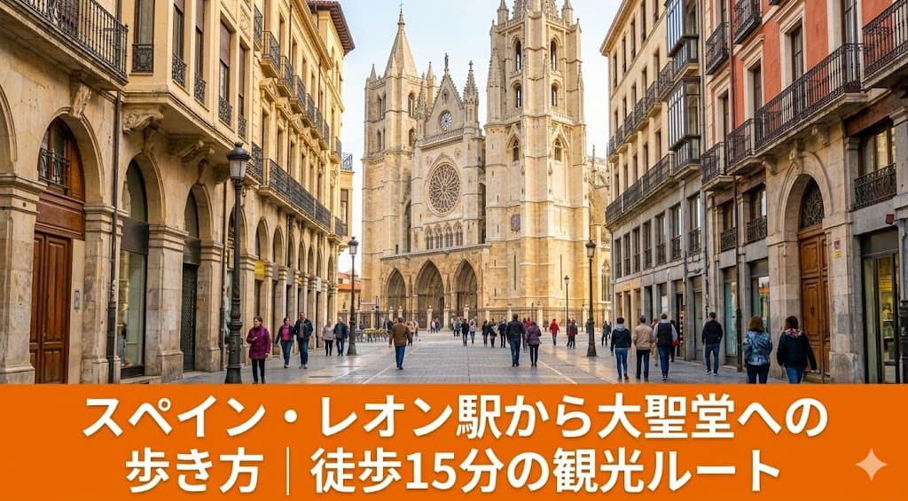 スペイン・レオン駅からレオン大聖堂へ続くアンチャ通りの街並み。徒歩15分の歩き方ガイドとタクシー利用の案内。