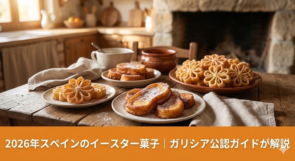 スペインのセマナ・サンタ（聖週間）に食べられる伝統菓子トリハスとフローレス。2026年のトレンドとガリシア地方の食文化を解説する記事のアイキャッチ画像