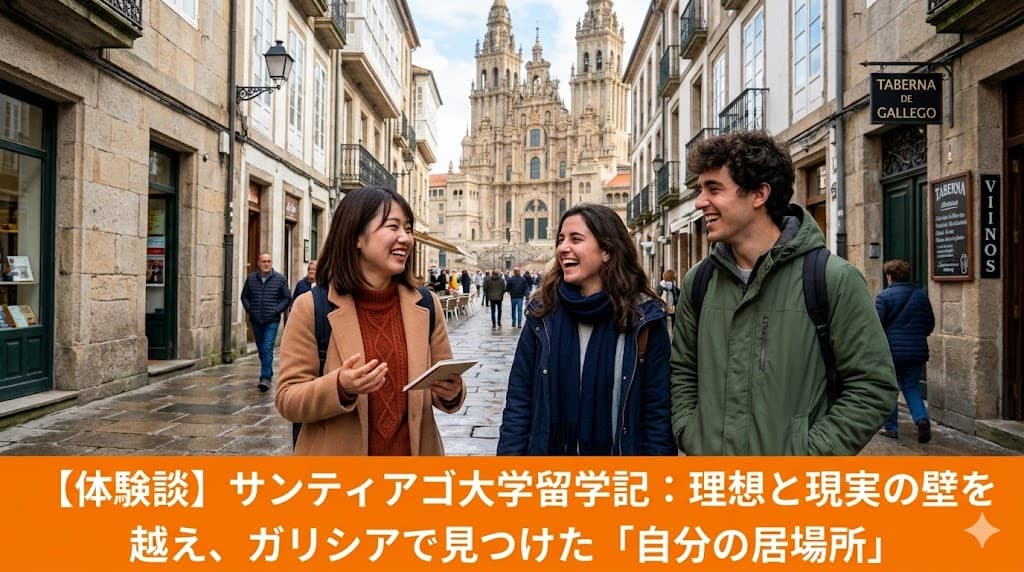 サンティアゴ・デ・コンポステラの旧市街で現地学生と話す女児学生。スペイン留学中の日本人学生が経験した授業や友達作りの体験談。