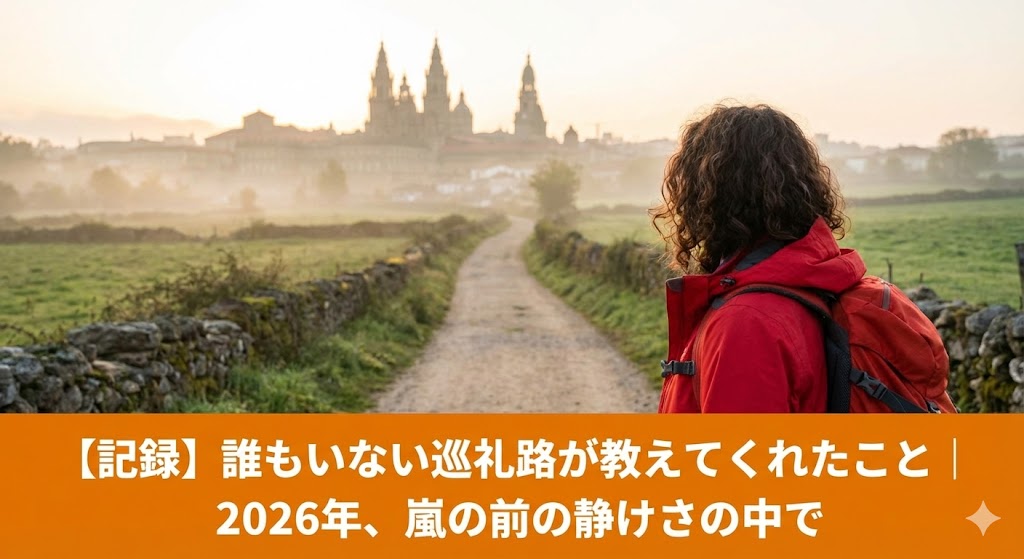 サンティアゴ大聖堂へと続く静かな巡礼路で、赤いジャケットを着た公認ガイドいつこが2020年の記憶と2026年の未来を見据えるアイキャッチ画像