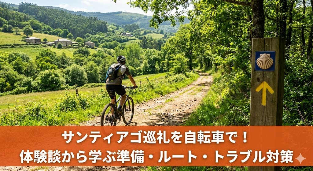 カミーノの未舗装路をマウンテンバイクで走る巡礼者。サンティアゴ巡礼の自転車巡礼ガイド。