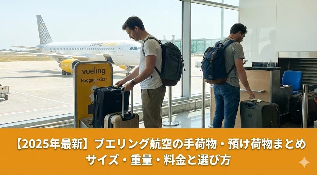 最新のブエリング航空の手荷物ルールを説明する画像。空港で荷物を測る男性