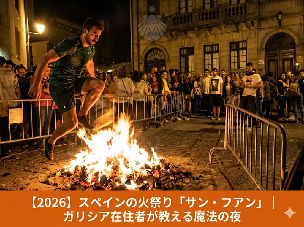 サンティアゴ・デ・コンポステラの旧市街で行われるスペインの火祭り「サン・フアン」の夜。石畳の広場で燃える焚き火「カチャレラス」の炎