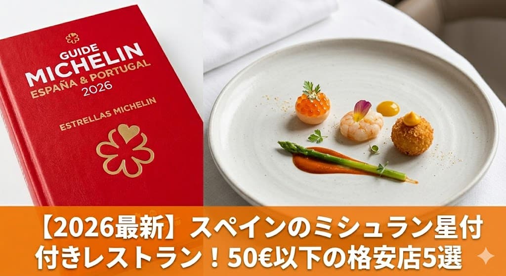 2026年度スペイン・ミシュランガイド、1つ星レストランの洗練された料理と赤いミシュランガイドのイメージ