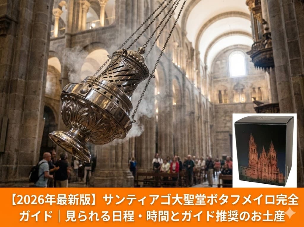 サンティアゴ・デ・コンポステーラ大聖堂で舞う巨大な香炉ボタフメイロと、現地限定で販売されている公式のボタフメイロのお香