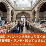 サンティアゴ・デ・コンポステーラのアバストス市場の活気ある店頭風景と、公認ガイド堀いつこによる「2026年最新のアバストス市場ガイド」の文字が入ったラベルタイプのアイキャッチ画像