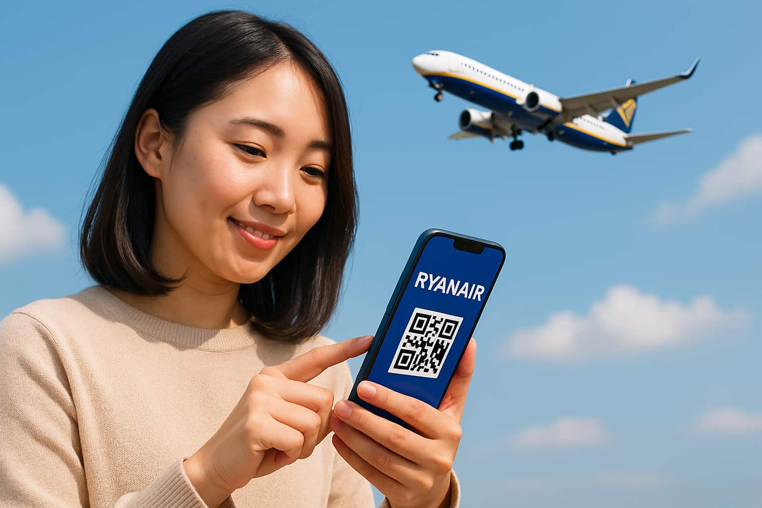 ライアンエアーのアプリを開こうとする女性