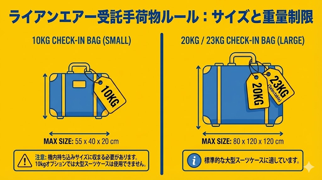 ライアンエアー受託荷物のサイズと重さを表した図