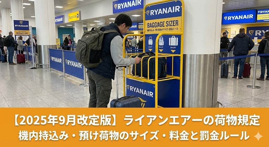 ライアンエアーの荷物計測器にキャリーバッグを入れている男性。ライアンエアー荷物規定完全ガイド