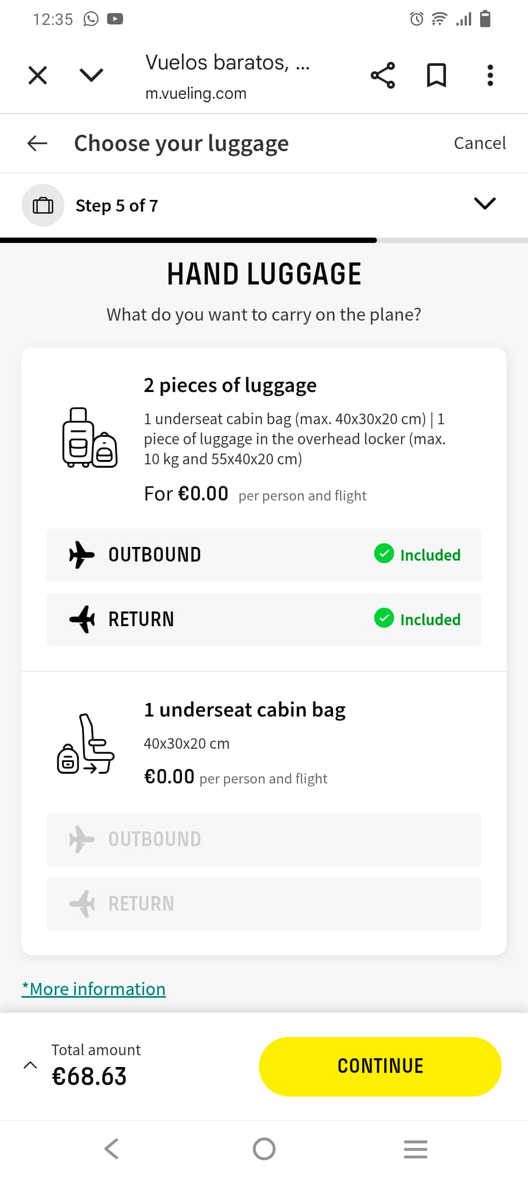 Vueling Luggage 画面 Basic に含まれる手荷物の例
