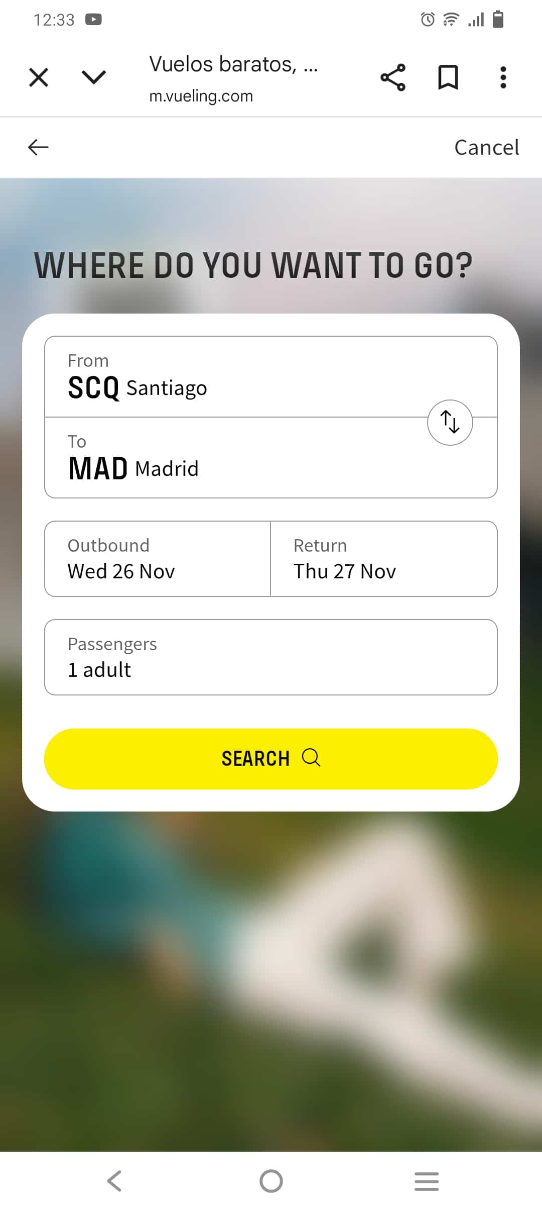 Vueling（ブエリング）航空のスマホ予約画面の例（出発地・目的地入力）