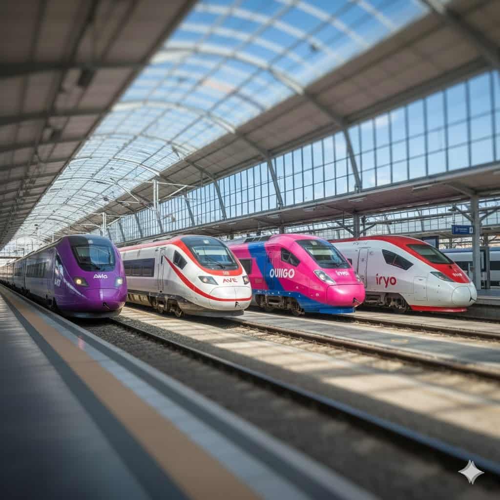 スペイン高速列車の選び方　アブロ／アベ／ウイゴ／イリオ比較と4社の車両が並ぶアイキャッチ画像