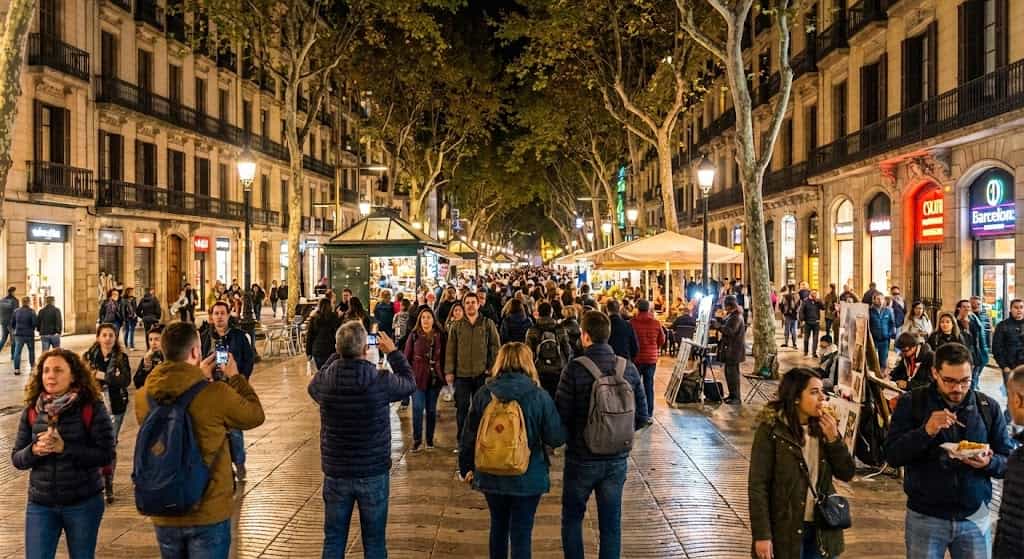 夜のバルセロナ・ランブラス通りを歩く観光客の様子