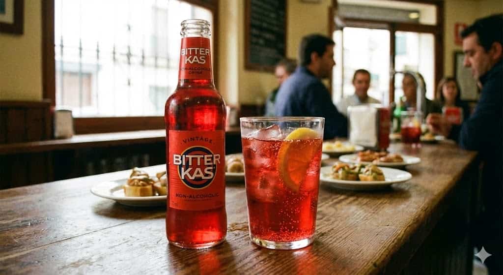 赤いボトルのBitter Kasとグラスに注がれたほろ苦いノンアルコールドリンク