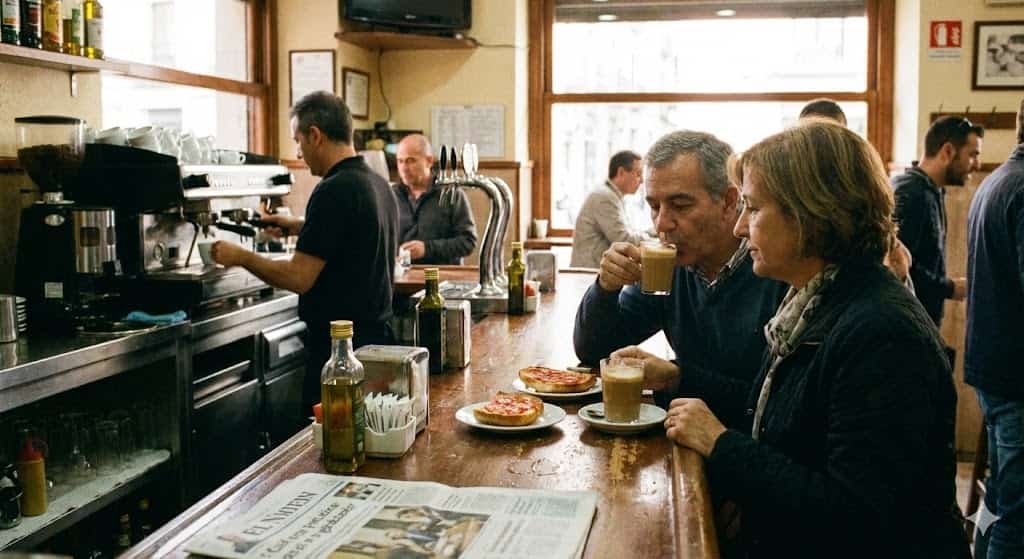 スペインのバルでコーヒーとトーストの朝食をとる様子