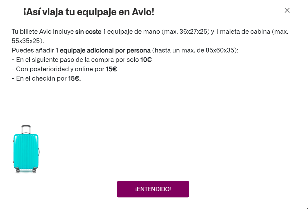 AVLOの無料手荷物と追加荷物のルールを示す公式画面