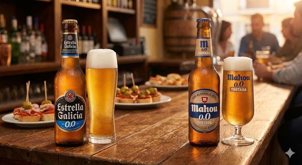 スペインのノンアルコールビールEstrella GaliciaとMahouのボトルとグラス