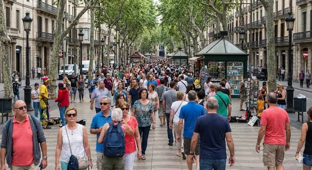 バルセロナ・ランブラス通りの人混み。観光客が多くスリ被害が起こりやすいエリア