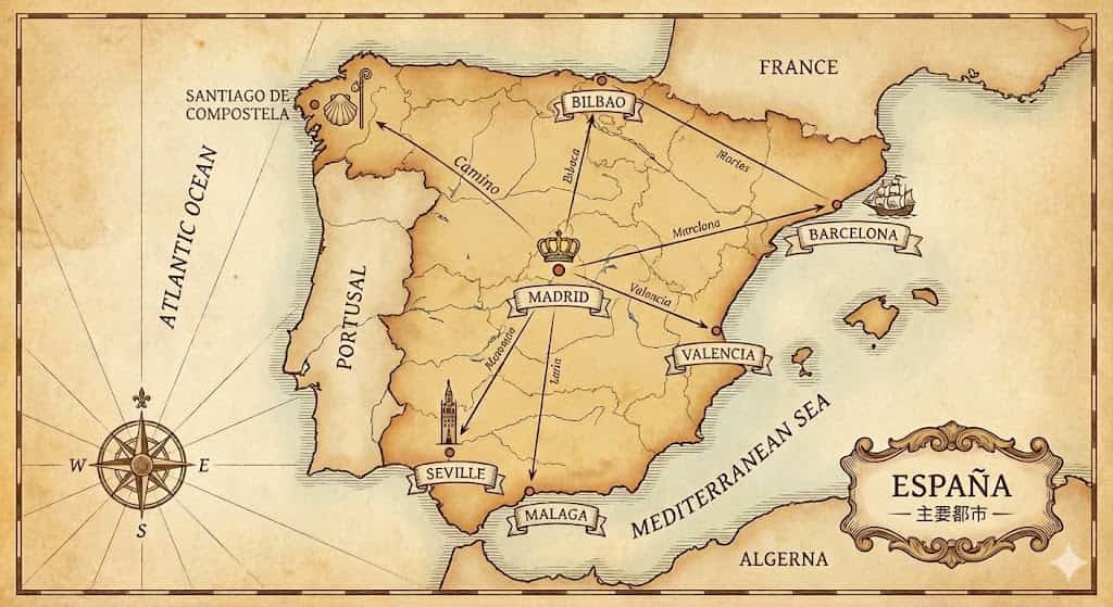 スペイン地図とマドリード・バルセロナ・セビリアなど主要都市の位置関係