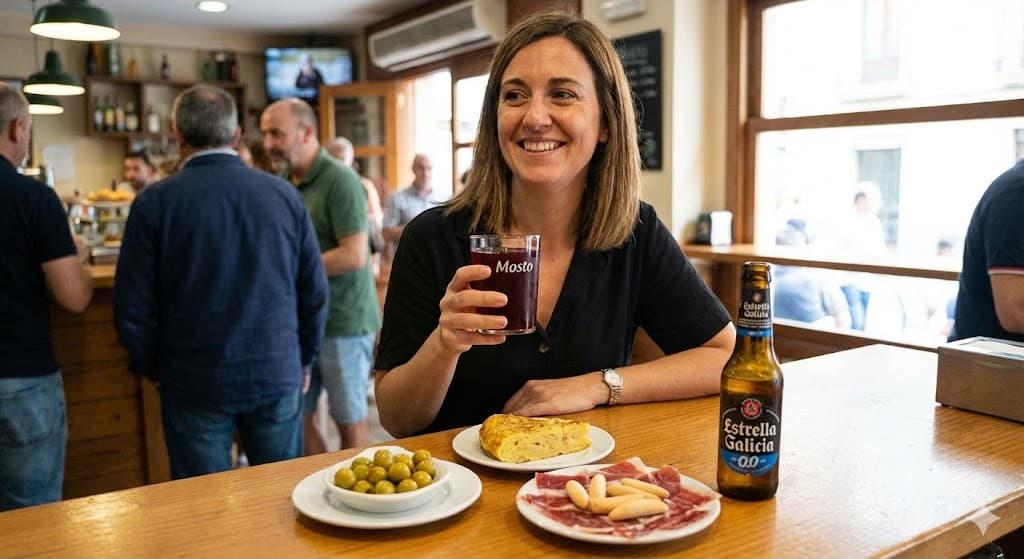 スペインのバルのカウンターにノンアルコール飲料とタパスが並んでいる様子