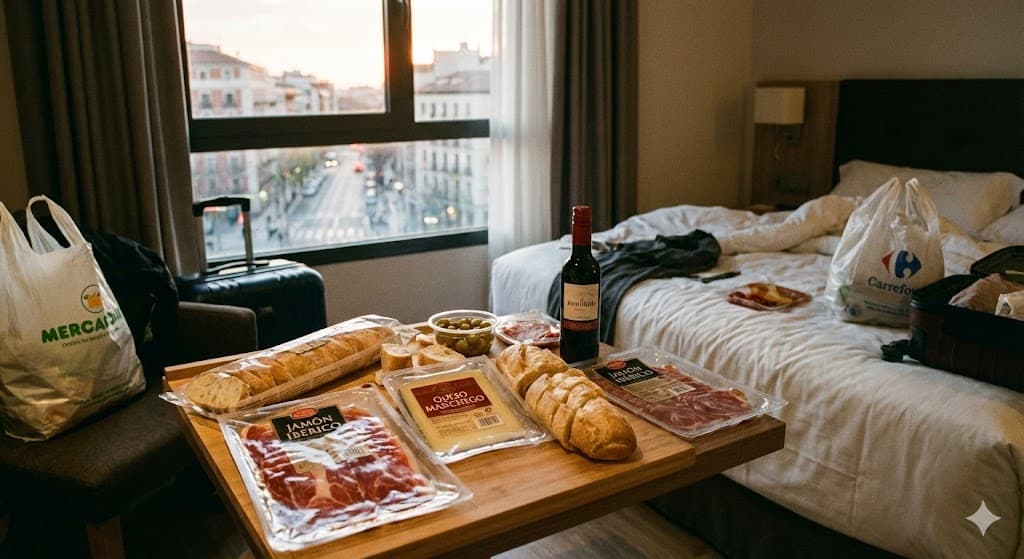 スペインのスーパーで買った生ハムやチーズをホテルの部屋でお皿に並べた様子